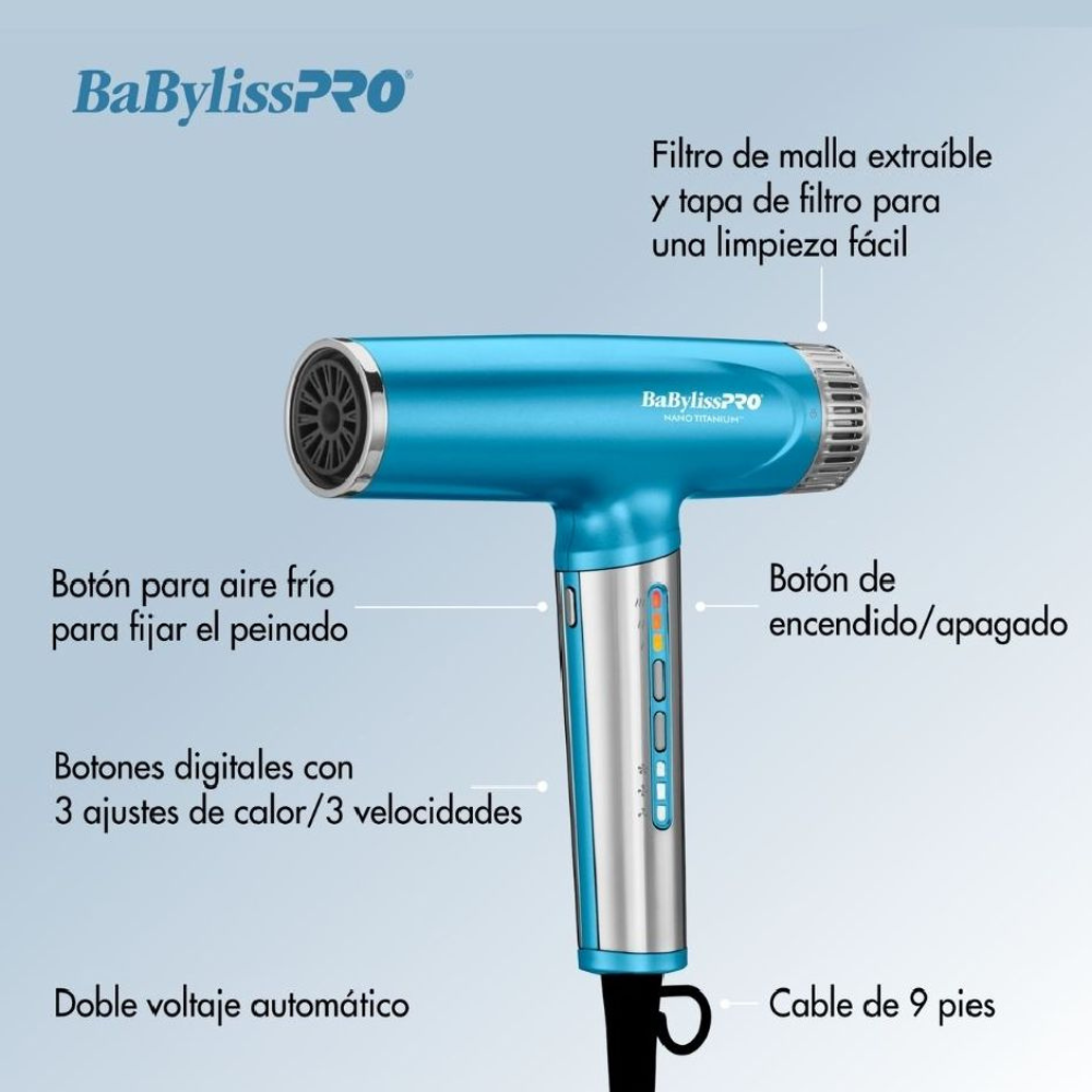 Secadora Profesional BabylissPRO Nano Titanium 1400W Azul con Difusor y Accesorios