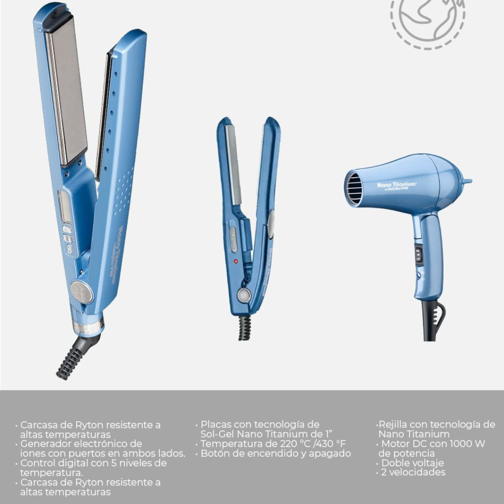 BaBylissPRO Combo de Viaje Alaciadora y Secadora Mini Nano Titanium