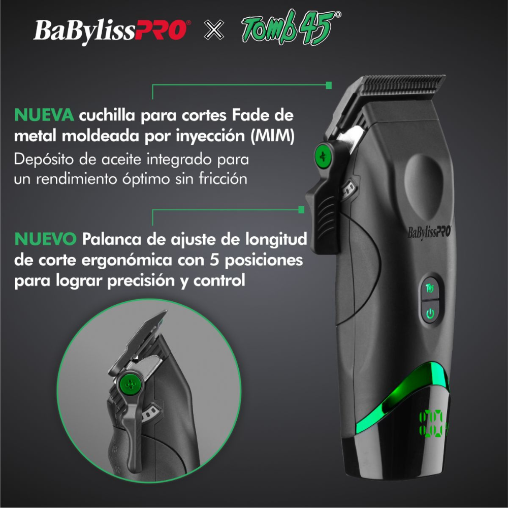 BaBylissPRO Clipper Tomb45 Potencia Personalizada con Pantalla Indicadora de Batería - Color Negro