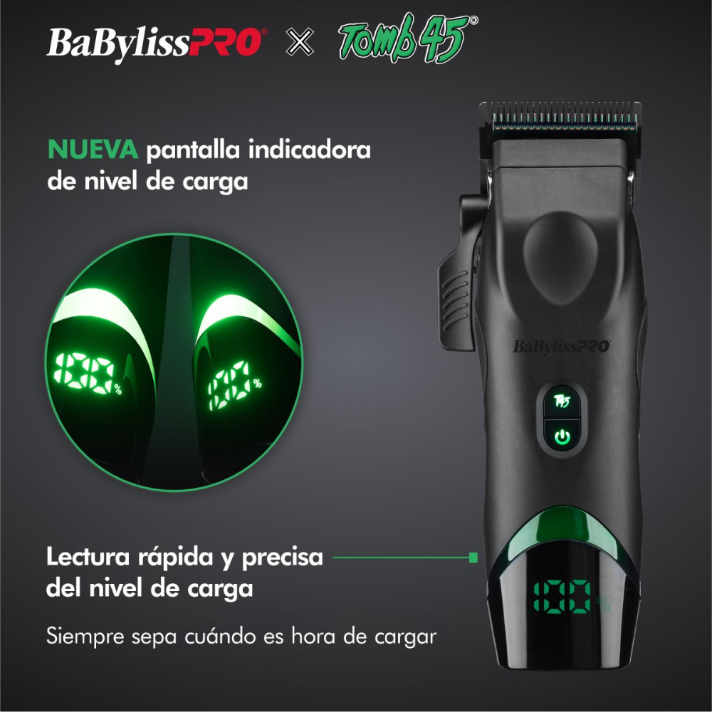 BaBylissPRO Clipper Tomb45 Potencia Personalizada con Pantalla Indicadora de Batería - Color Negro