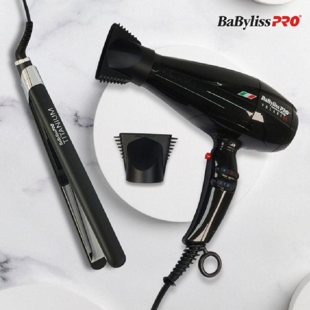 BaBylissPRO Combo Volare: Secadora 2000W + Alaciadora Nano Titanium - Color Negro