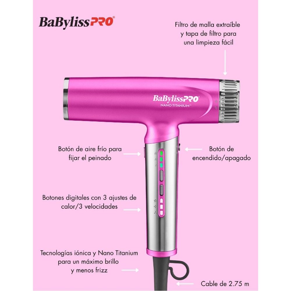 BaBylissPRO Secadora Nano Light Pink Limited Ultra Ligera 1400 W